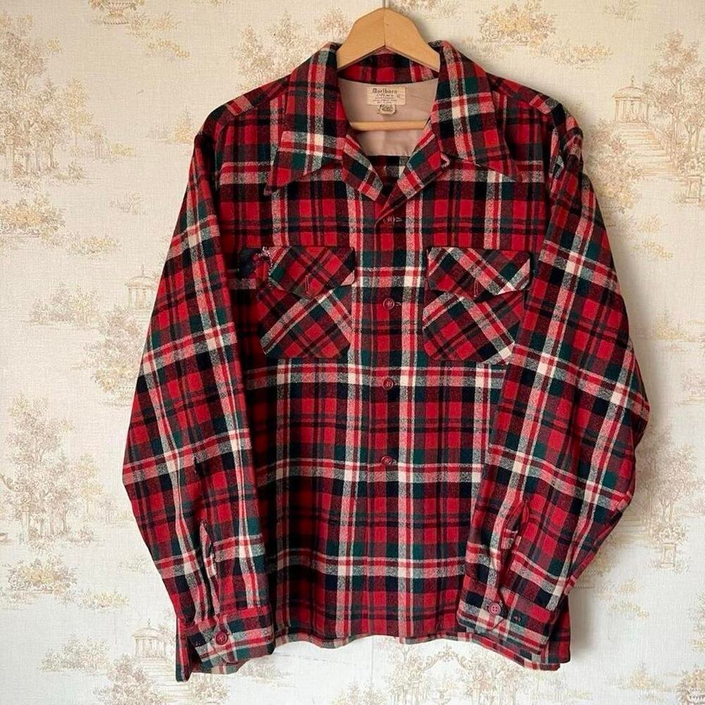 Vintage 50s Marlboro La Playa Board Shirt | Wool Shadow Plaid | Size XL
